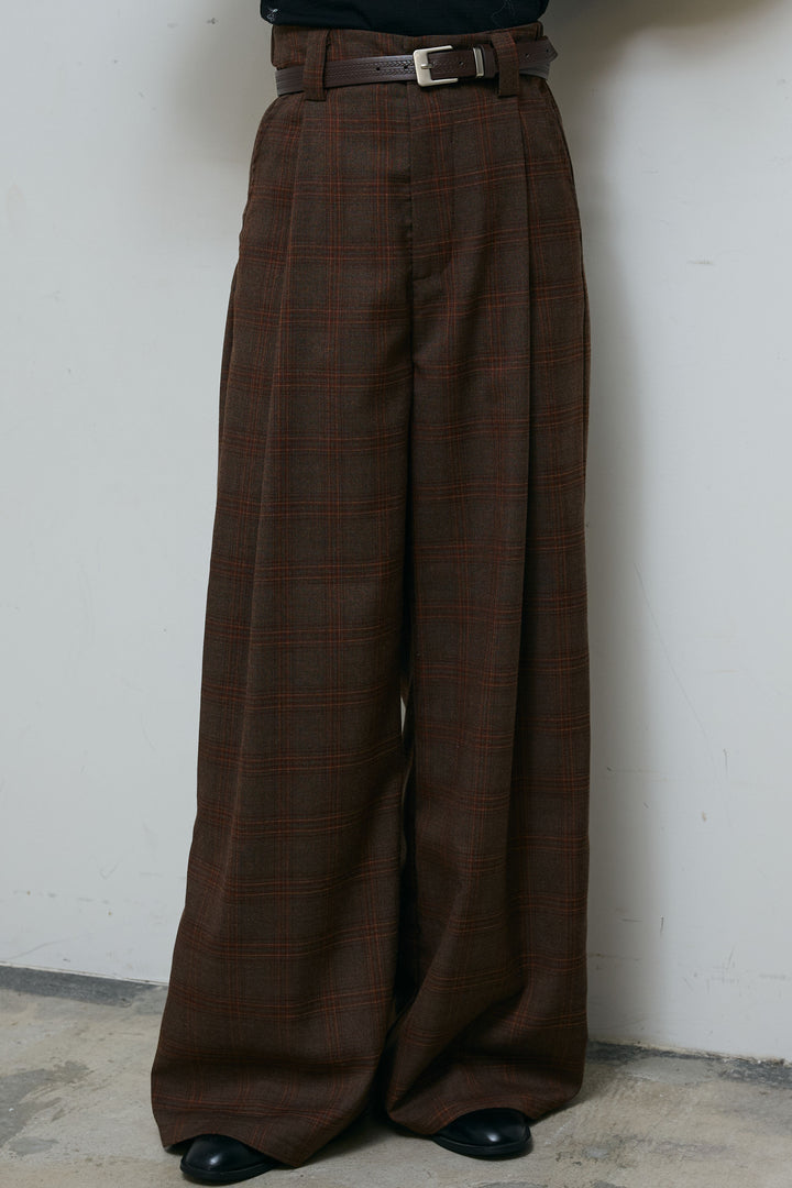[予約]ベルト付きチェックタックワイドパンツ
