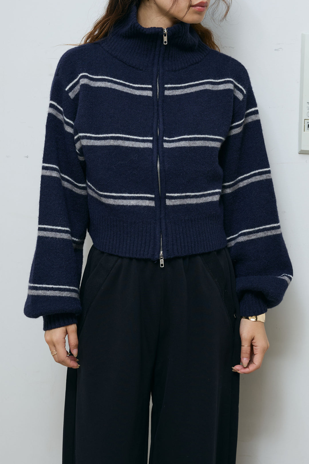 [予約/SET]スタンドカラーボーダージップニット+カーブスウェットパンツ(2set)