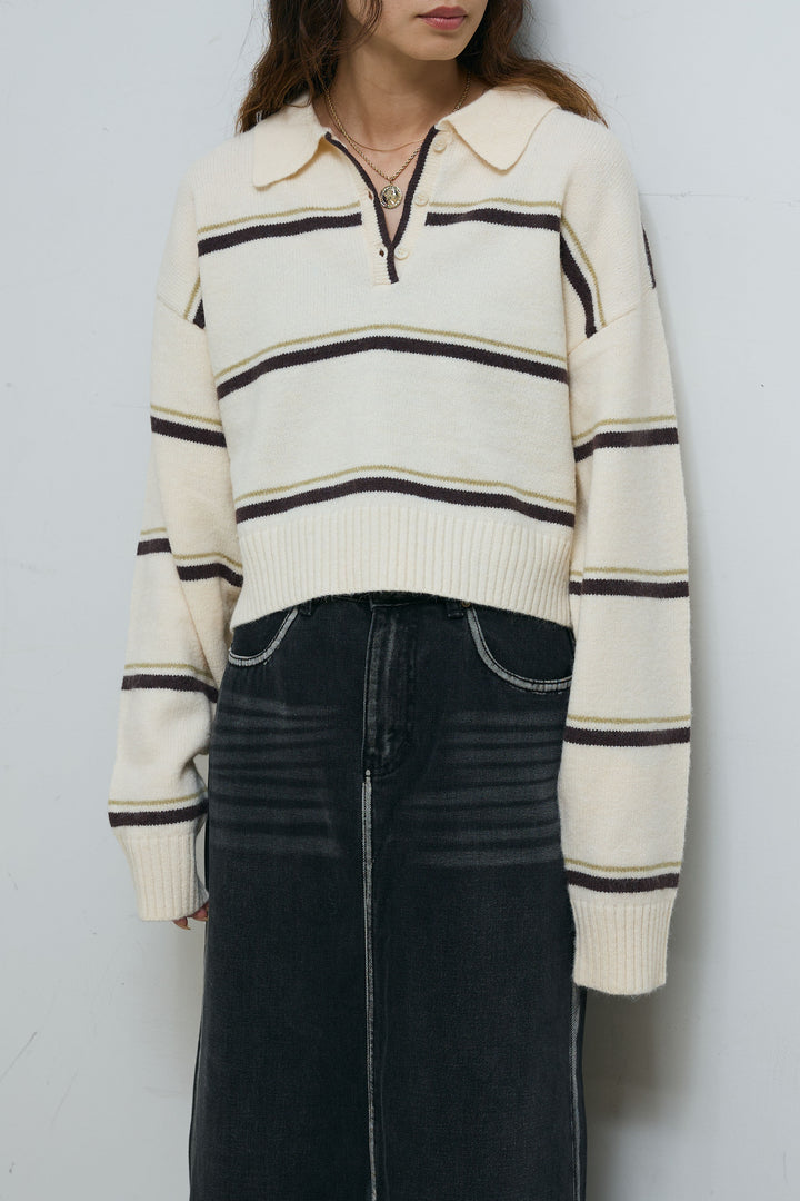 [予約/SET]ボーダーポロニット+ベルト付きデニムロングスカート(2set)