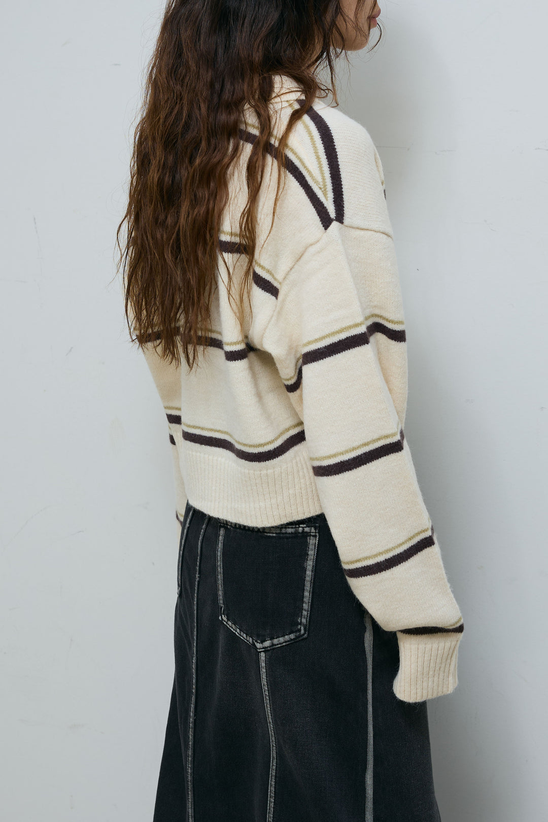 [予約/SET]ボーダーポロニット+ベルト付きデニムロングスカート(2set)