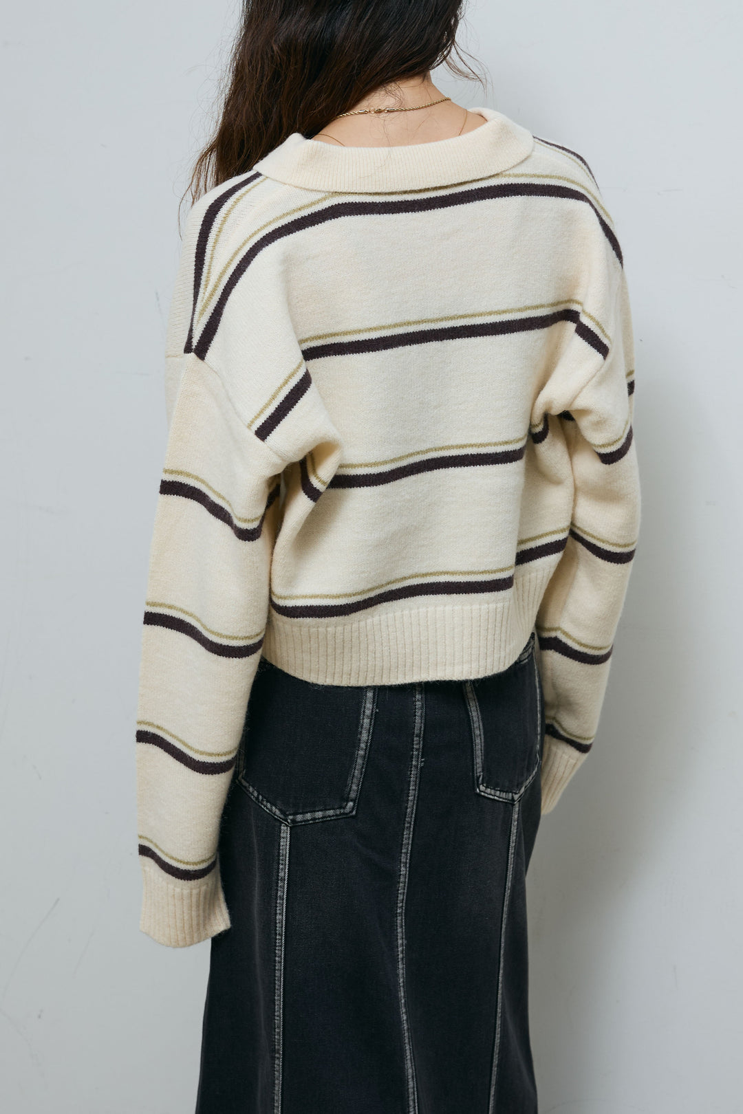 [予約/SET]ボーダーポロニット+ベルト付きデニムロングスカート(2set)