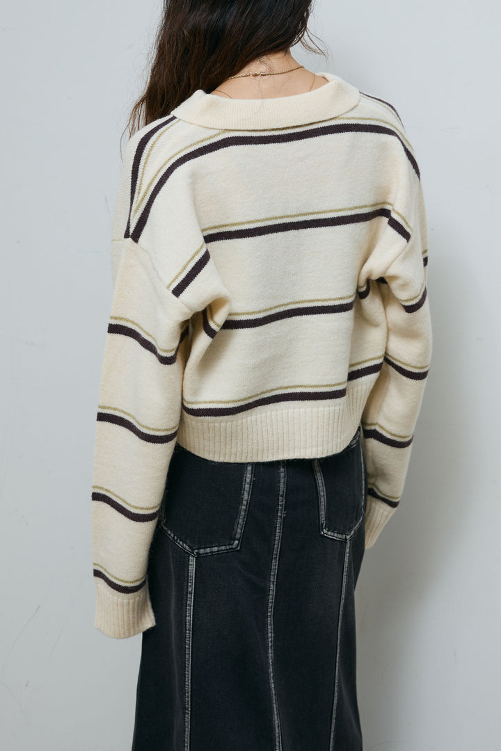 [予約/SET]ボーダーポロニット+ベルト付きデニムロングスカート(2set)