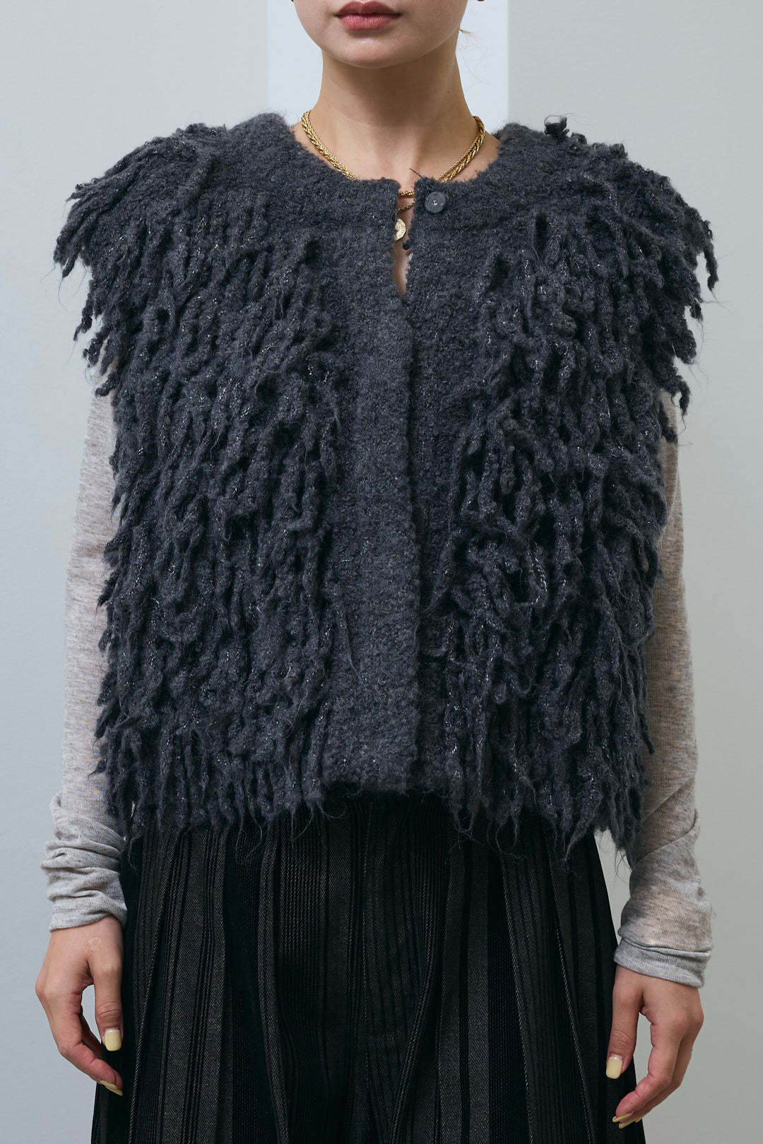 [予約/SET]フリンジニットベスト+ベロアストライプ細畝ワイドパンツ(2set)