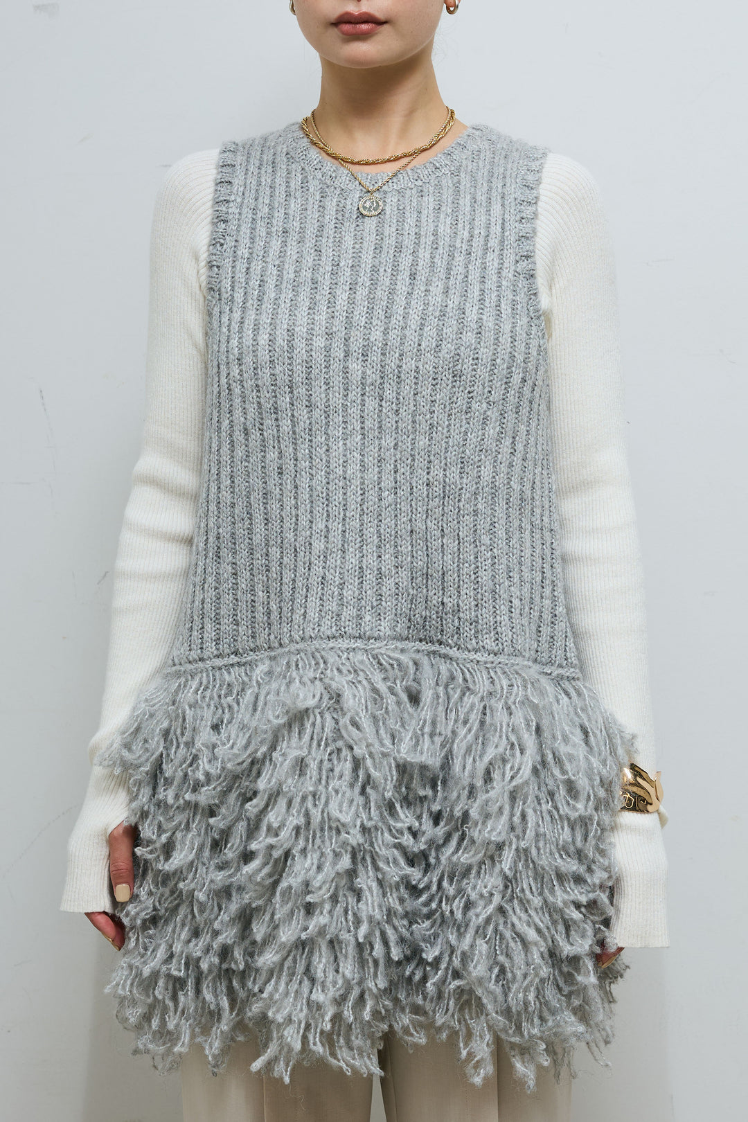 [予約/SET]フリンジ切り替えニットチュニック+ベロアチュールヘンリーネックT+ストレート裏毛パンツ(3set)