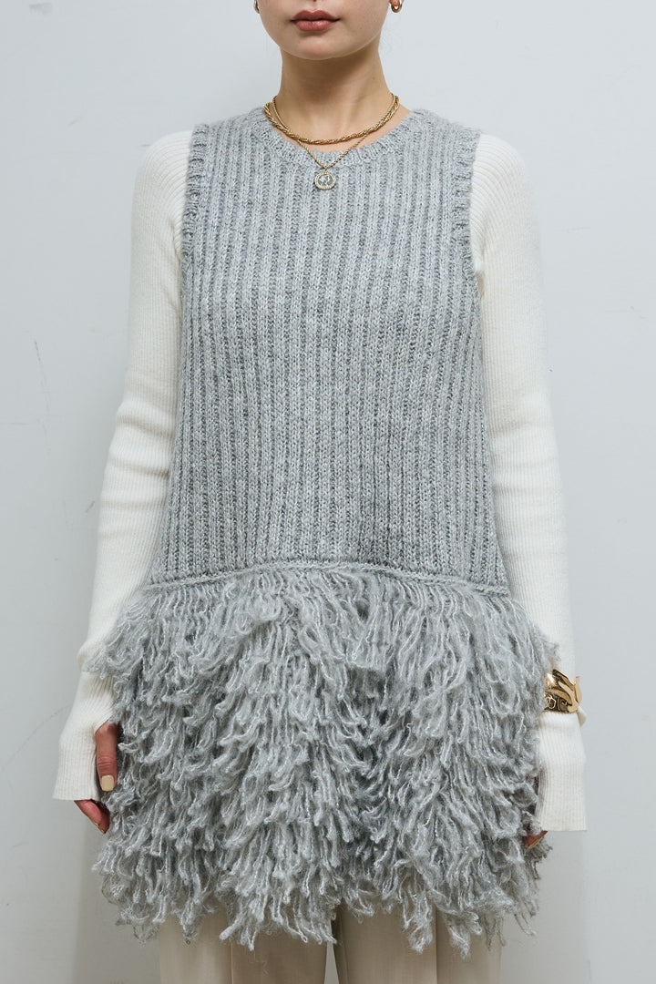 [予約/SET]フリンジ切り替えニットチュニック+オフショルリブニット+センタースリットパンツ(3set)