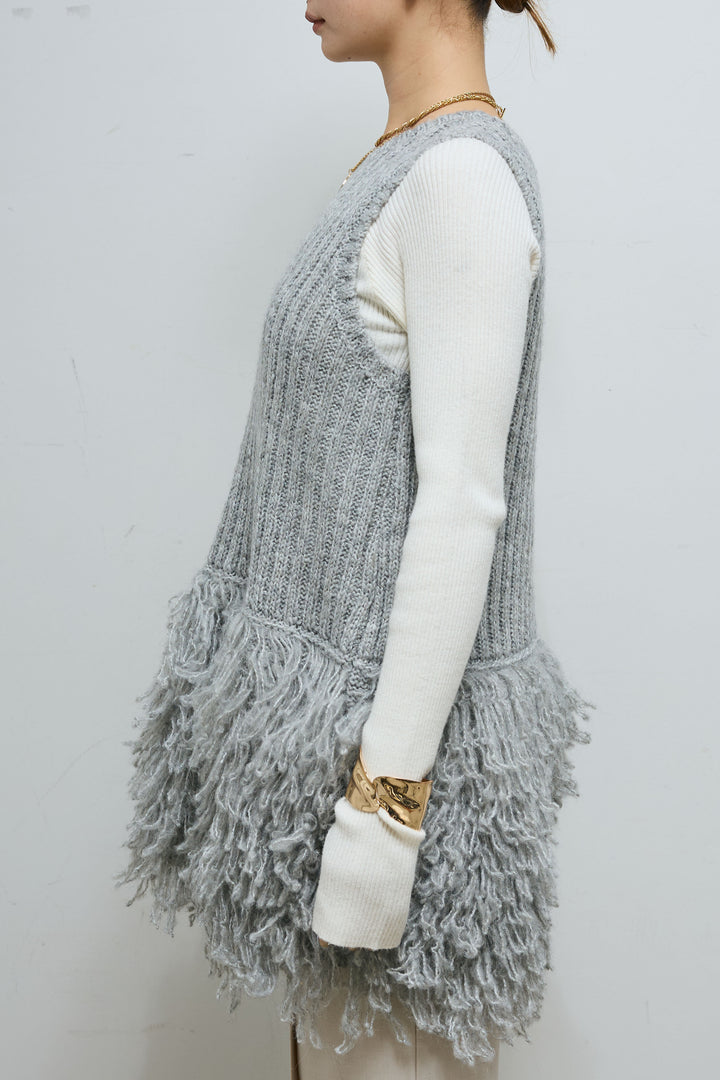 [予約/SET]フリンジ切り替えニットチュニック+ベロアチュールヘンリーネックT+ストレート裏毛パンツ(3set)