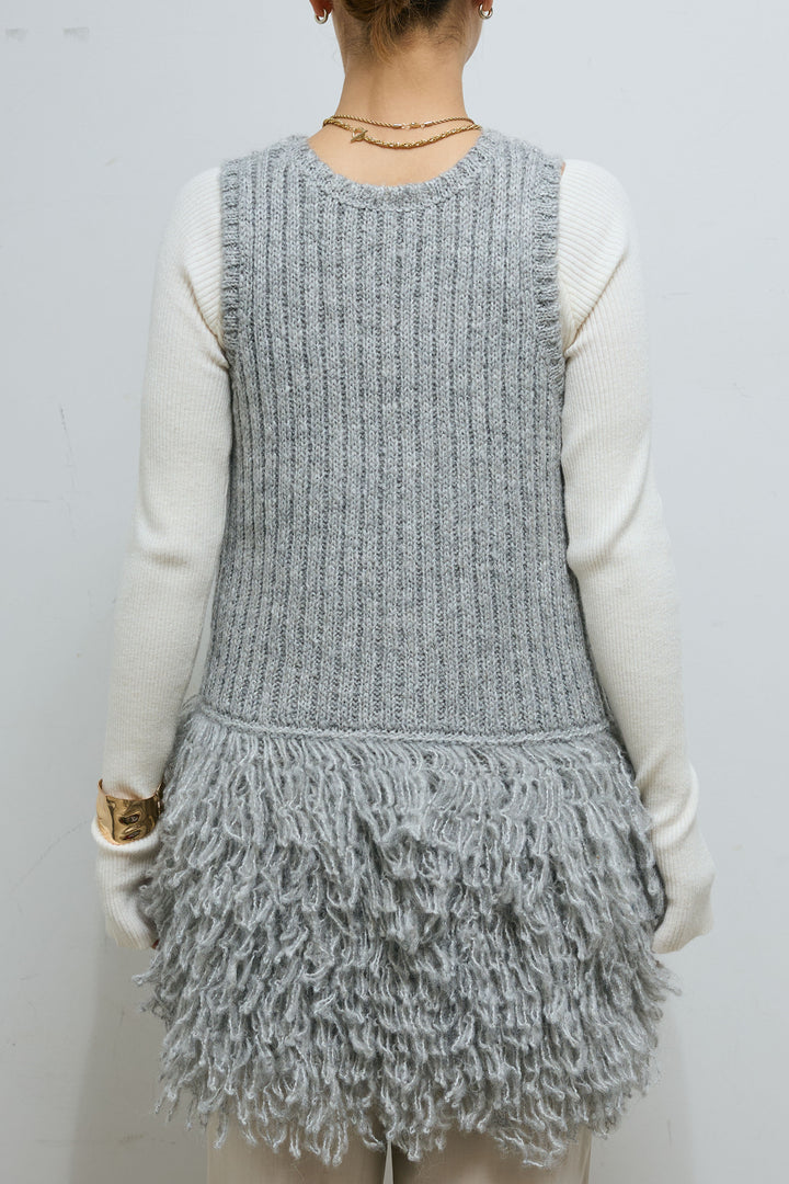 [予約/SET]フリンジ切り替えニットチュニック+オフショルリブニット+センタースリットパンツ(3set)