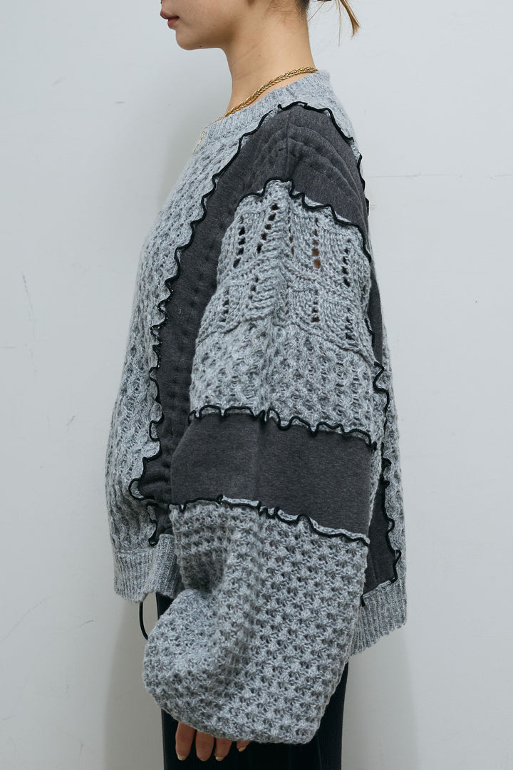 [予約/SET]メロー袖ボリューム配色ニット+切り替えリブニットロングスカート(2set)