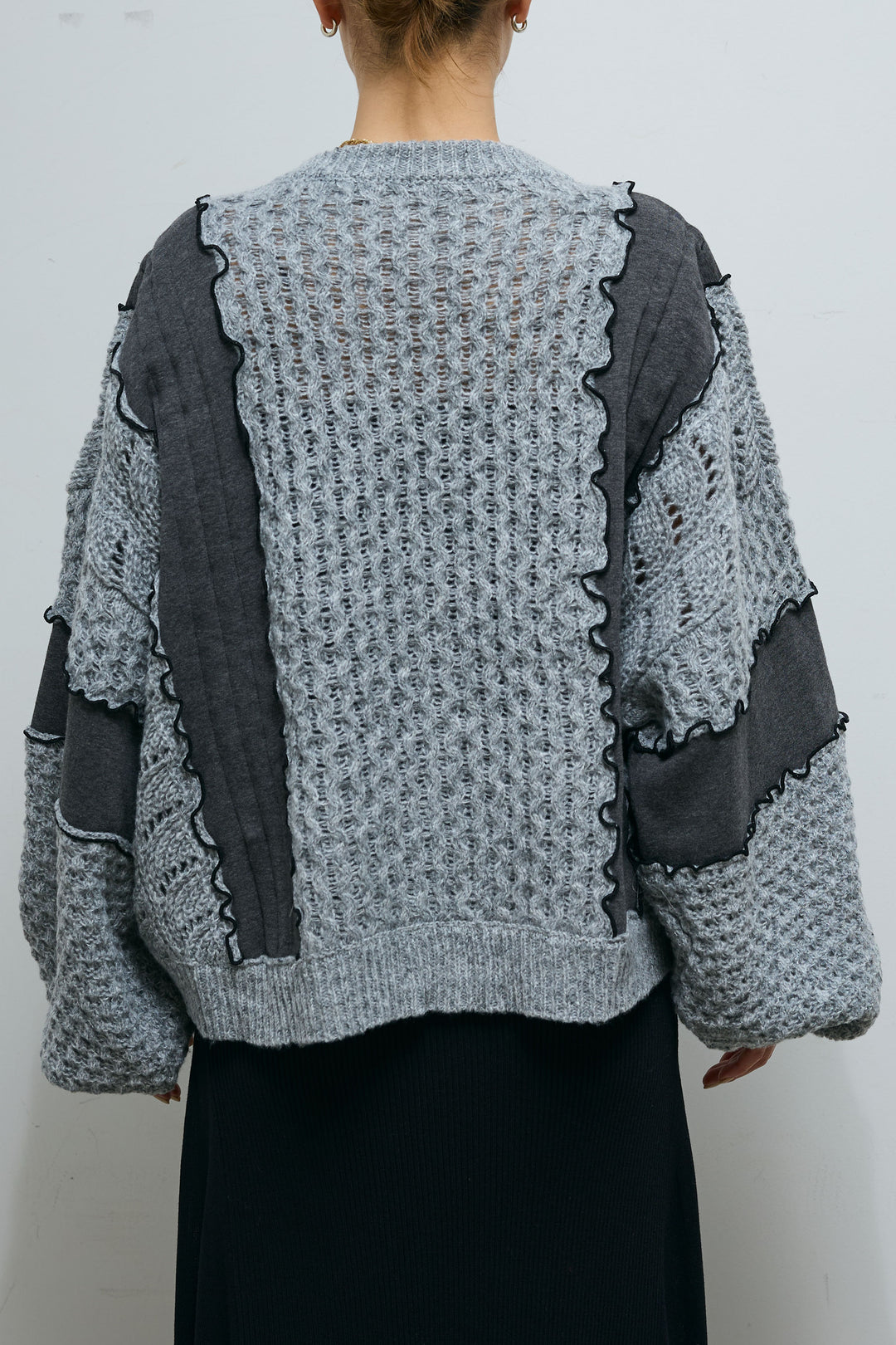 [予約/SET]メロー袖ボリューム配色ニット+切り替えリブニットロングスカート(2set)