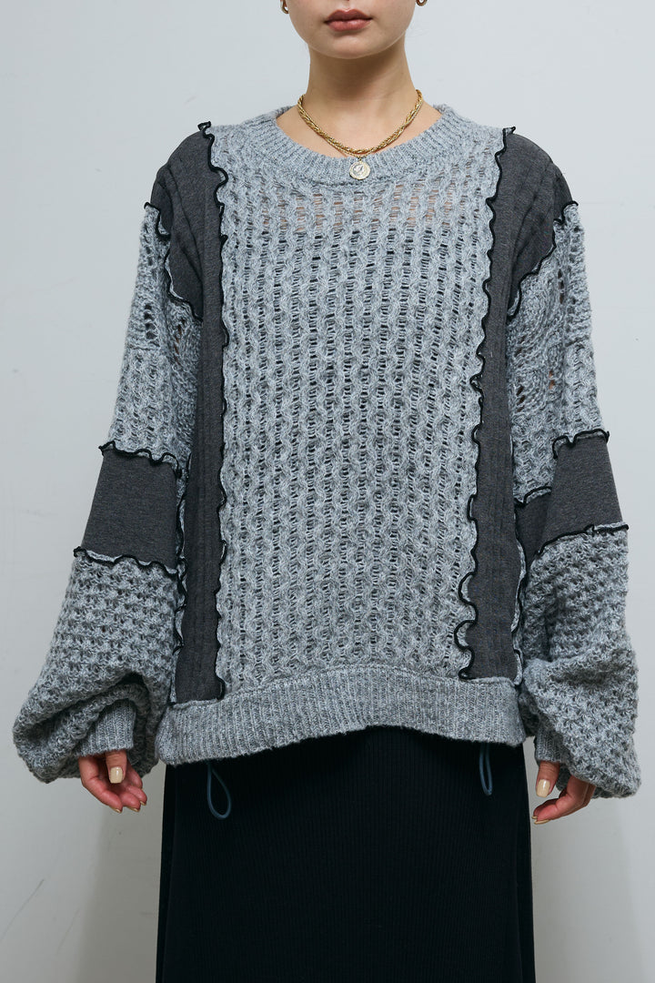 [予約/SET]メロー袖ボリューム配色ニット+切り替えリブニットロングスカート(2set)