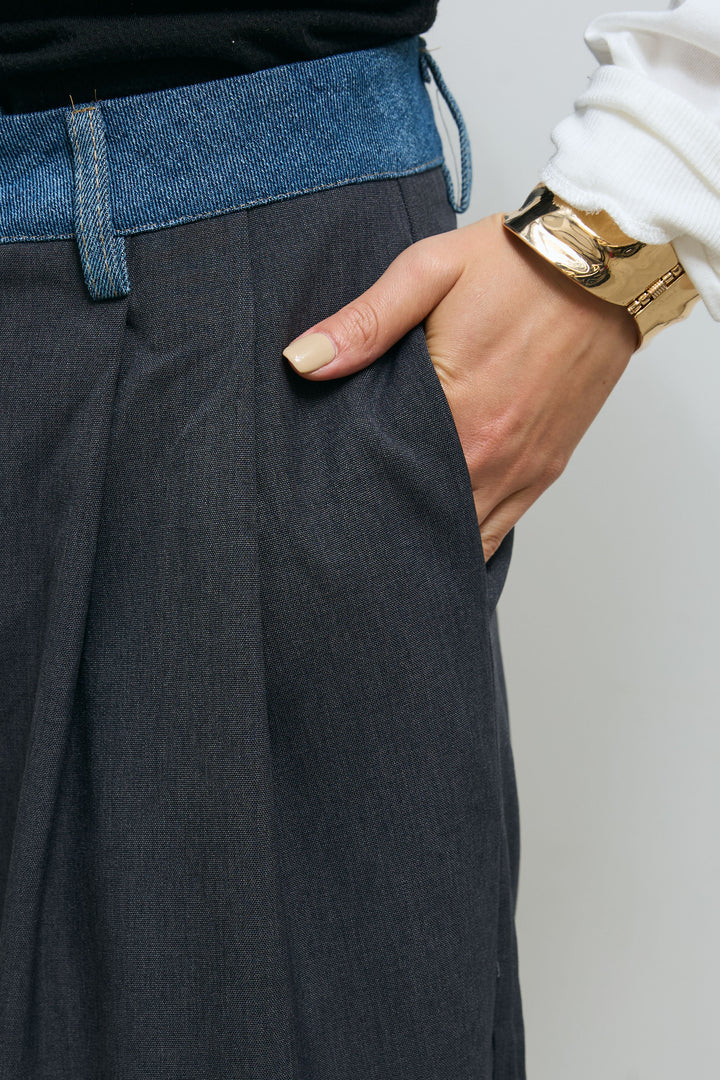 [予約/SET]ガンクラブチェックノーカラーJK+ウエスト配色タックワイドパンツ(2set)