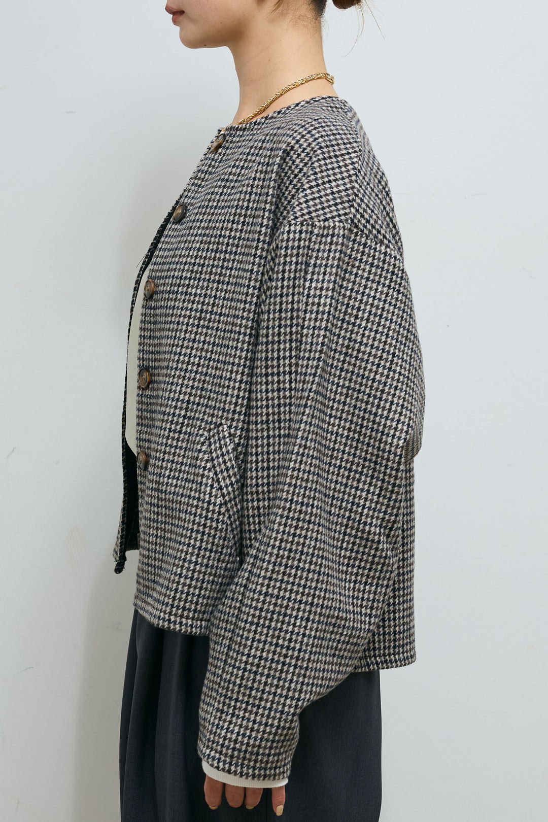 [予約/SET]ガンクラブチェックノーカラーJK+ウエスト配色タックワイドパンツ(2set)