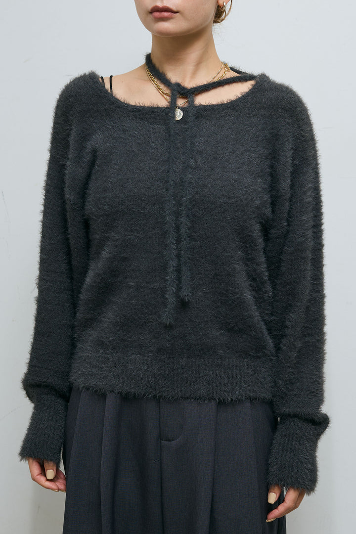 [予約/SET]ボア襟ジップブルゾン+ループ付きミニフェザーニット+レース刺繍ロングスカート(3set)