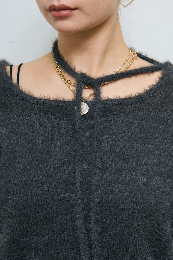 [予約/SET]ループ付きミニフェザーニット+レース刺繍ロングスカート(2set)