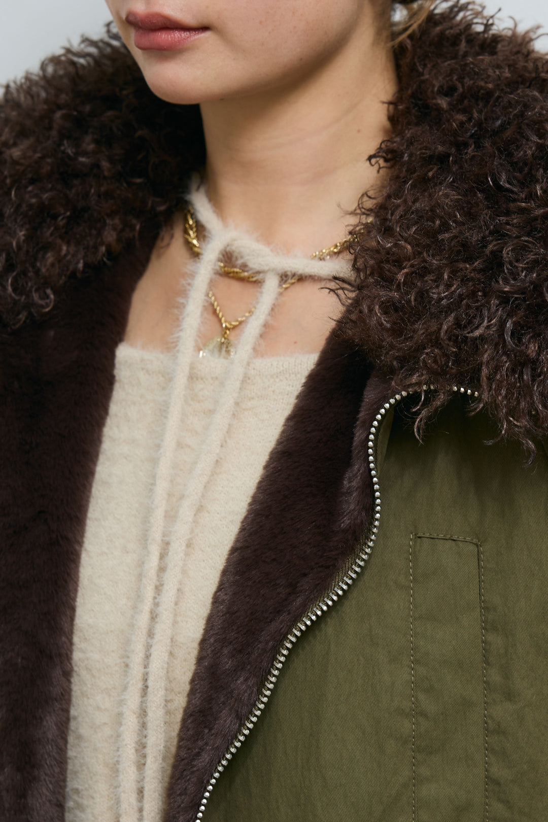 [予約/SET]ボア襟ジップブルゾン+ループ付きミニフェザーニット+レース刺繍ロングスカート(3set)