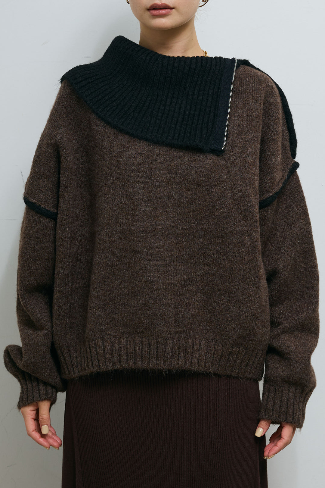 [予約/SET]ハイネックジップデザインニットトップス+ダンボールニットパンツ(2set)