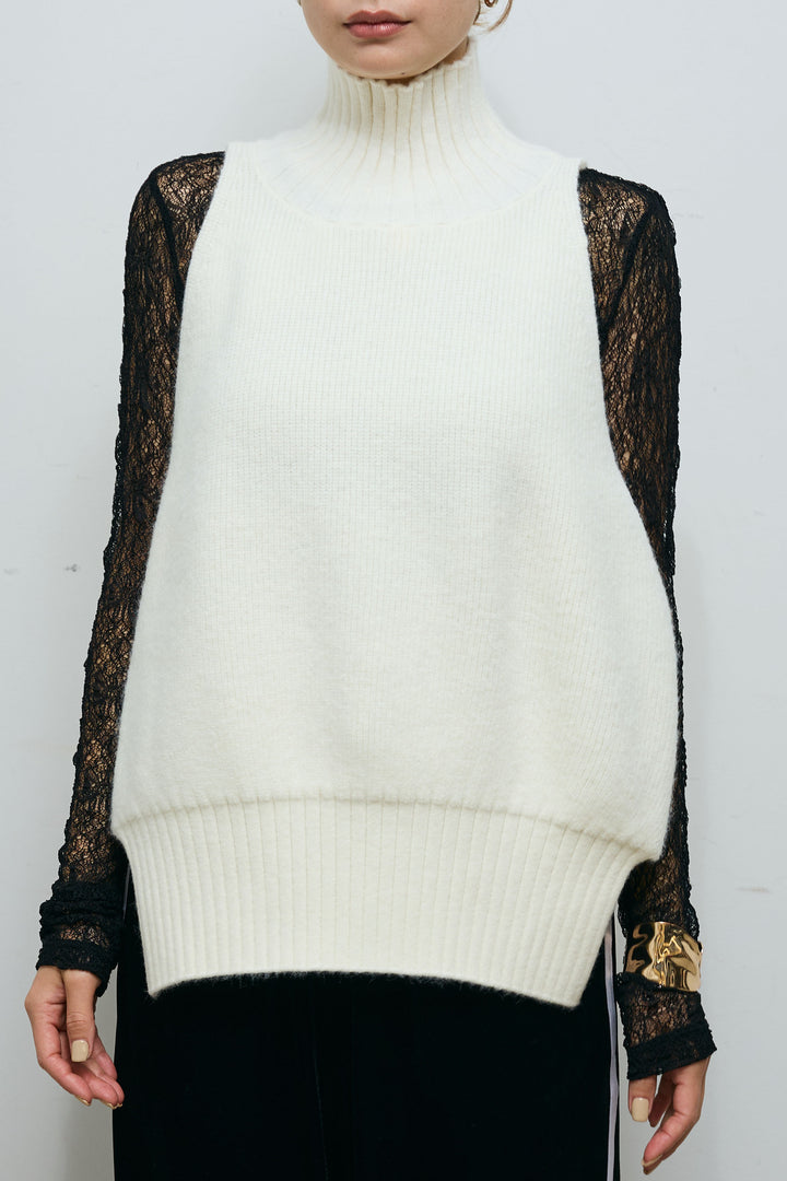 [予約/SET]ハイネックワイドーオープンニットベスト+シアーレーストップス(2set)