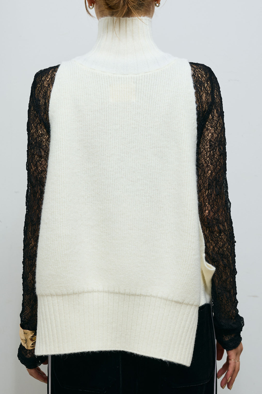 [予約/SET]ハイネックワイドーオープンニットベスト+シアーレーストップス(2set)