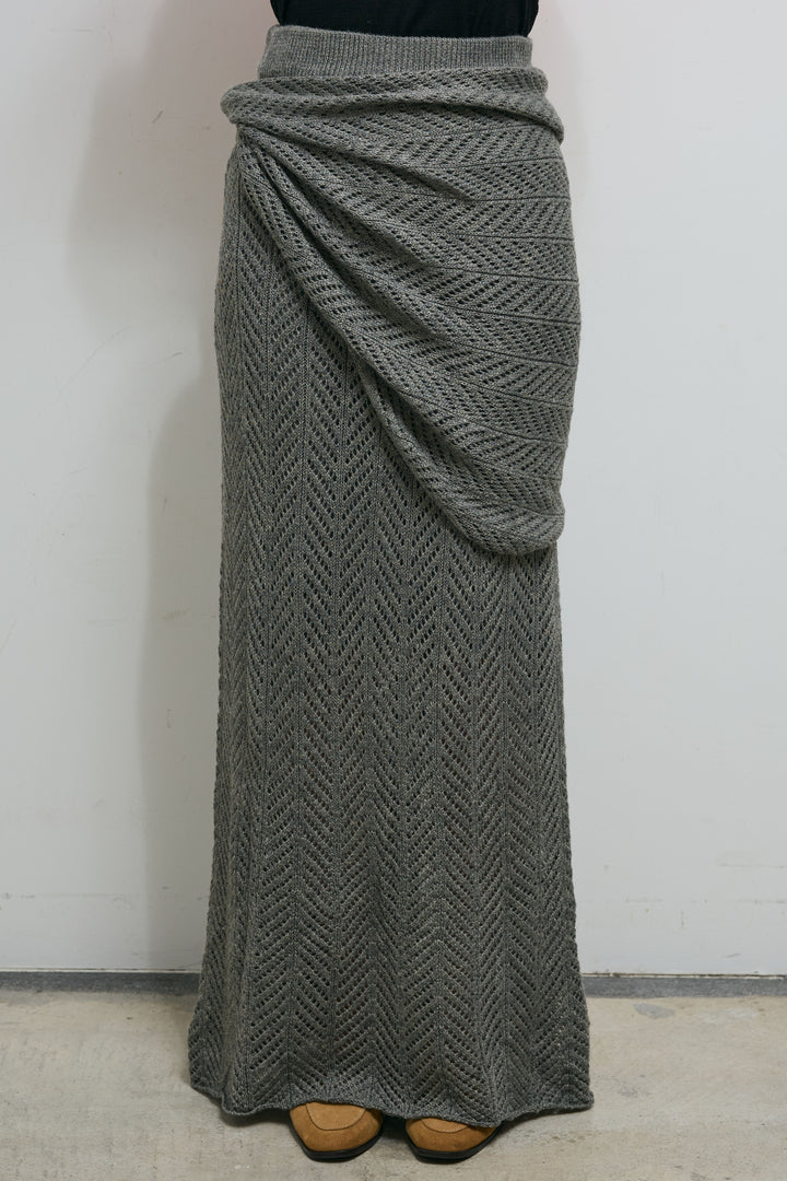 [予約/SET]バイカラーコクーンニット+スカーフ付き透かし編みニットスカート(2set)