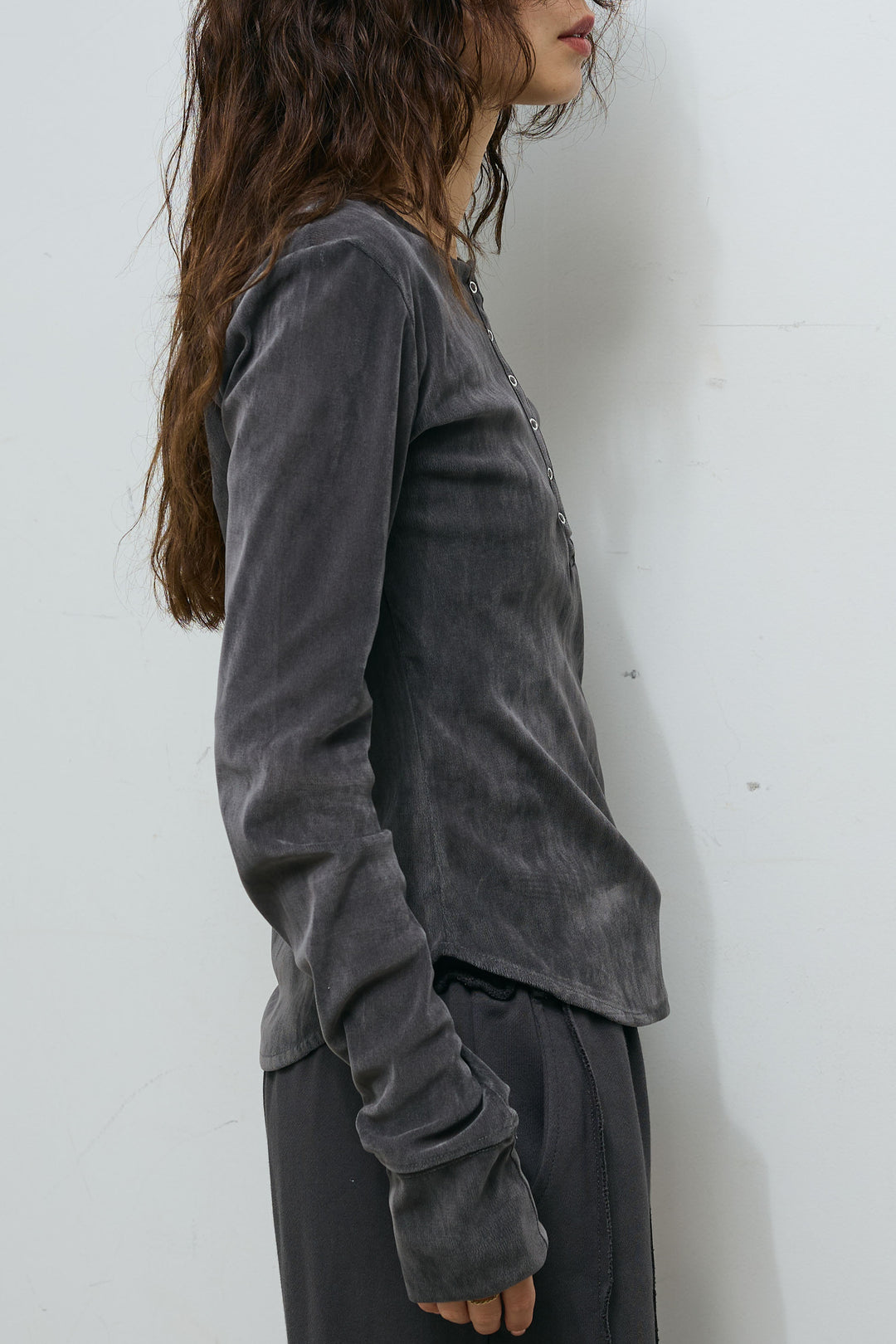 [予約/SET]フリンジ切り替えニットチュニック+ベロアチュールヘンリーネックT+ストレート裏毛パンツ(3set)