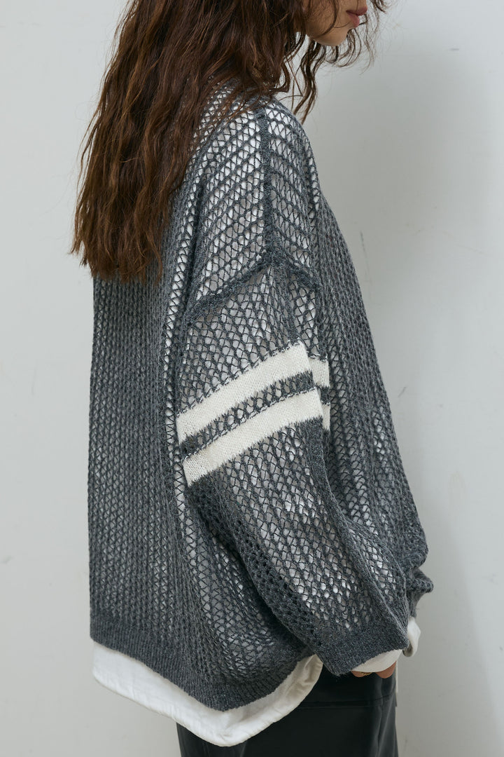 [予約/SET]透かし編みニット＋ナンバーロゴTシャツセット+エコレザーバックスリットペンシルスカート(2set)