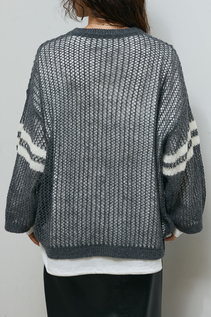 [予約/SET]透かし編みニット＋ナンバーロゴTシャツセット+エコレザーバックスリットペンシルスカート(2set)