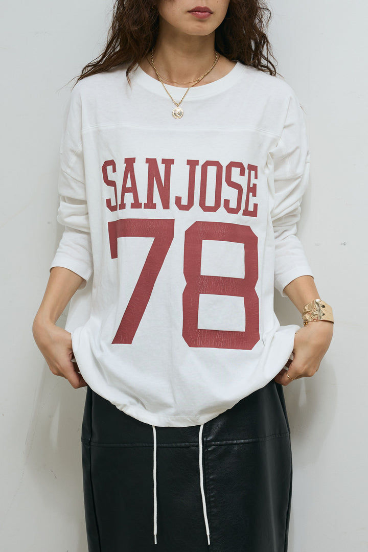 [予約/SET]透かし編みニット＋ナンバーロゴTシャツセット+エコレザーバックスリットペンシルスカート(2set)