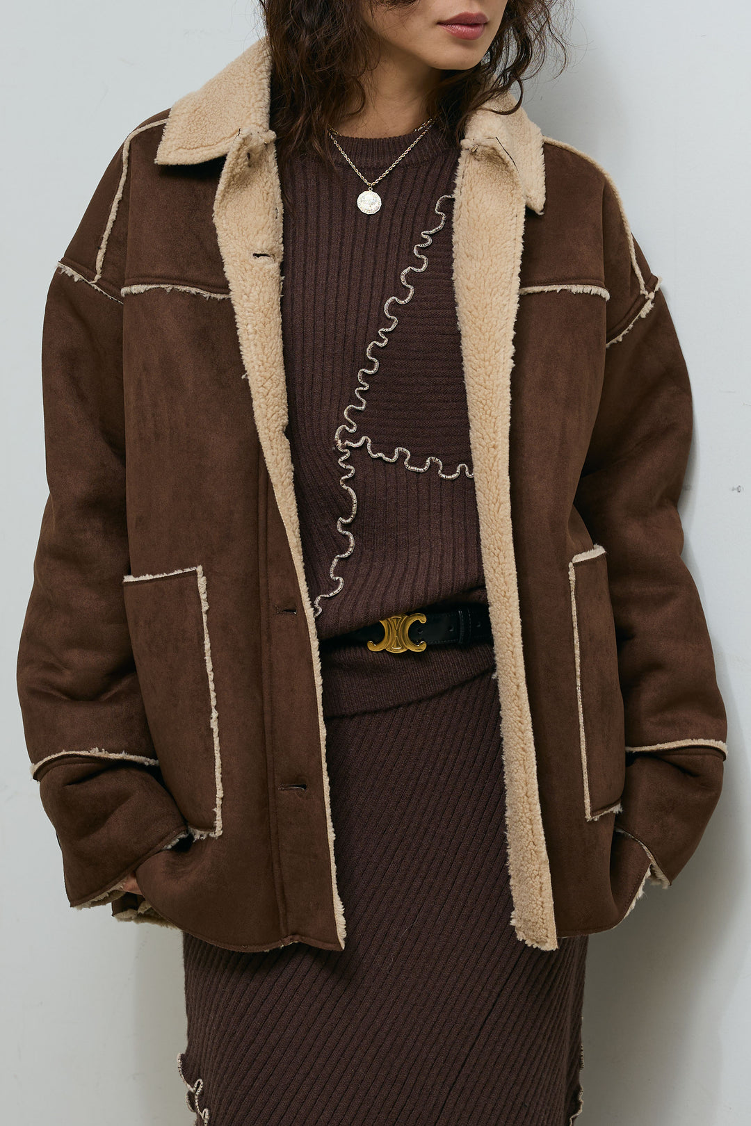 [予約/SET]フェイクムートンジャケット+ランダムメローニット+ランダムメローニットスカート(3set)