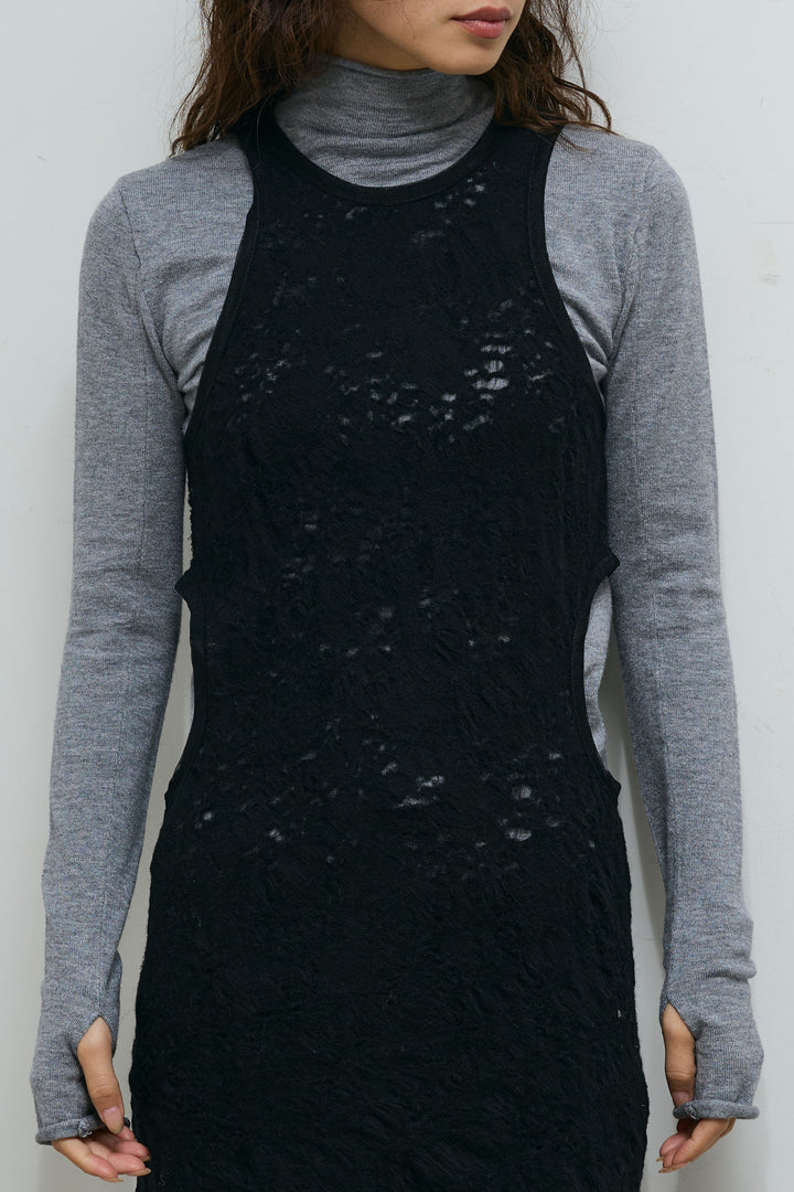 [予約/SET]ウールライクスタンドカラーベスト+アンゴラタッチフィンガーホールタートルニット+サイドホールウールブレンドレースロングタンク+ダンボールニットパンツ(4set)