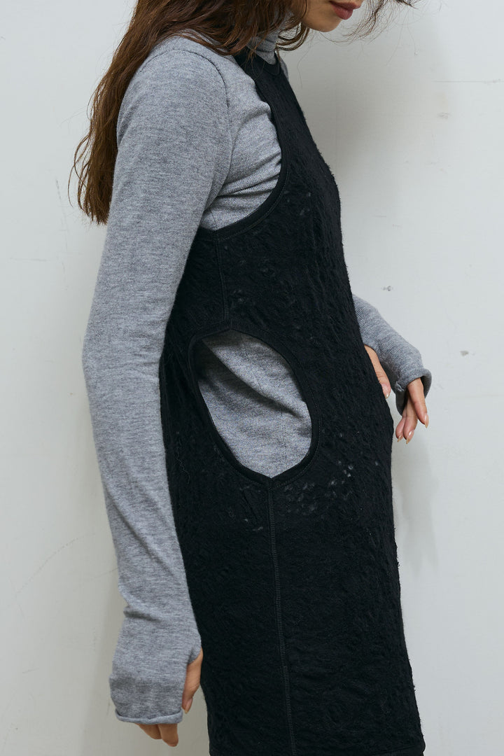 [予約/SET]ウールライクスタンドカラーベスト+サイドホールウールブレンドレースロングタンク+ダンボールニットパンツ(3set)