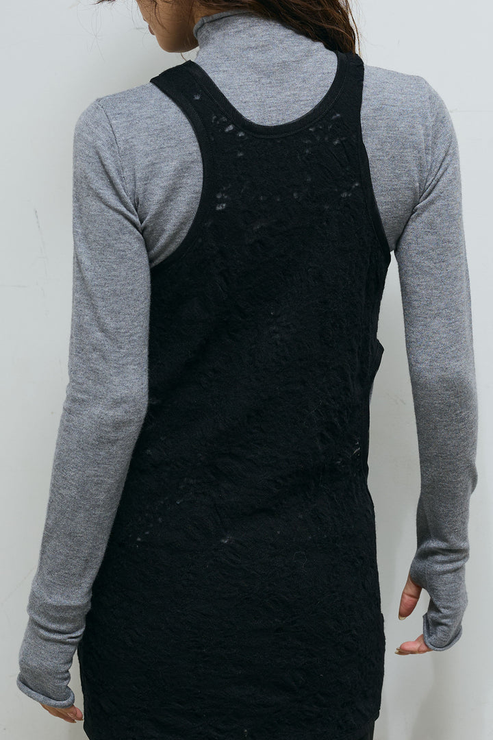 [予約/SET]ウールライクスタンドカラーベスト+アンゴラタッチフィンガーホールタートルニット+サイドホールウールブレンドレースロングタンク+ダンボールニットパンツ(4set)