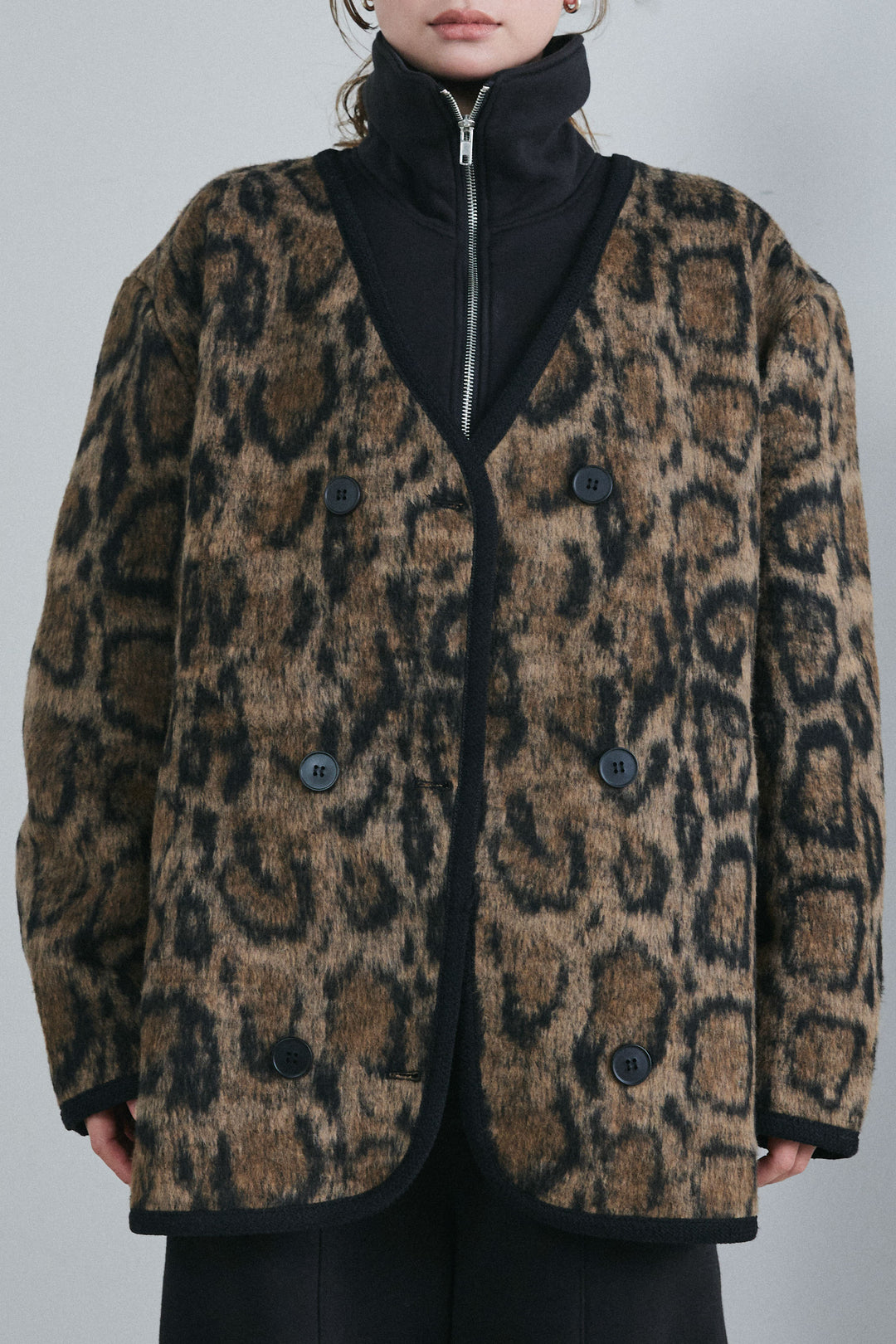 [予約/SET]ノーカラーレオパードジャコット+ハーフジップ裏起毛トップス+裏起毛カーブパンツ(3set)