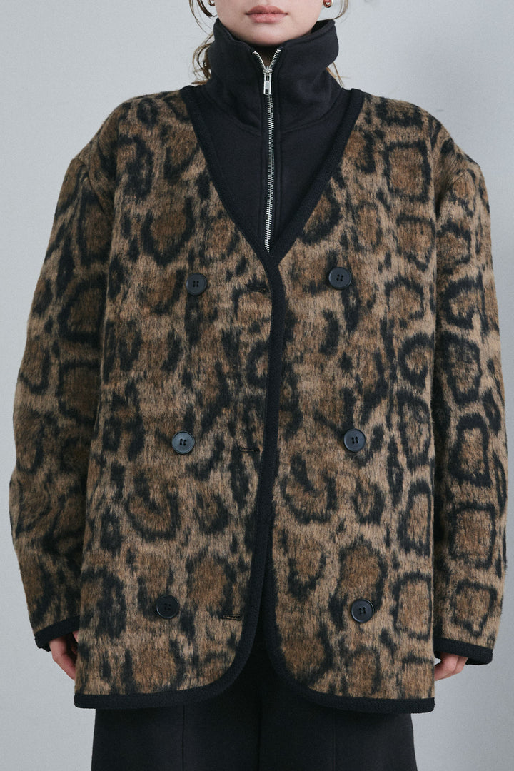 [予約/SET]ノーカラーレオパードジャコット+ハーフジップ裏起毛トップス+裏起毛カーブパンツ(3set)