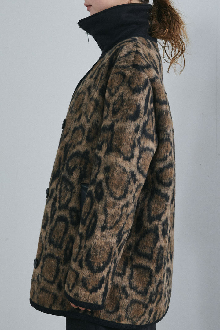 [予約/SET]ノーカラーレオパードジャコット+ハーフジップ裏起毛トップス+裏起毛カーブパンツ(3set)