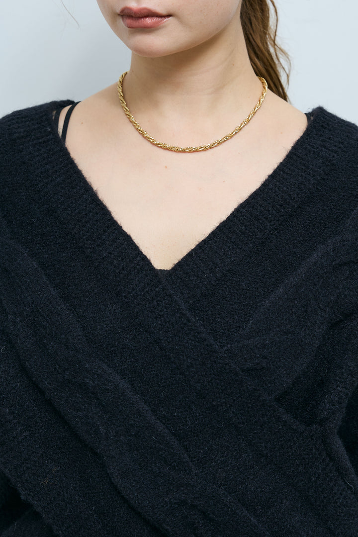 [予約/SET]カシュクールケーブルショートニット+フロントジップストラップデザインデニムサロペット(2set)