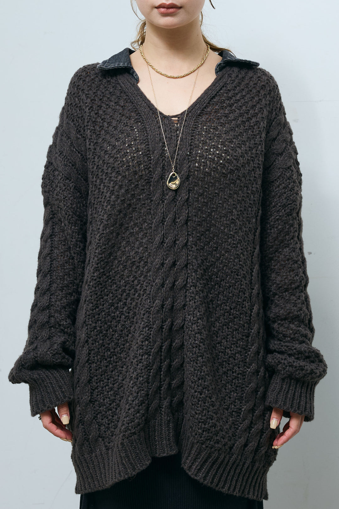 [予約]ブラックデニムカラーケーブルニット