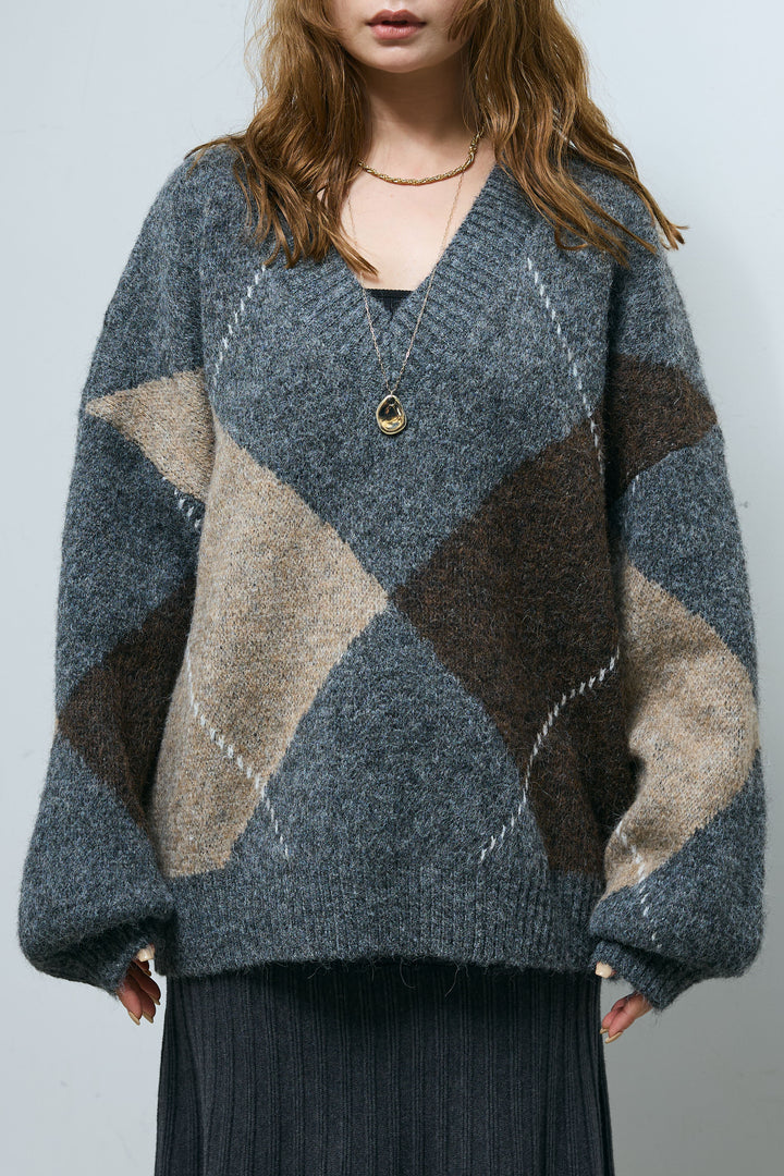 [予約/SET]ビッグアーガイルVネックニット+リブニットスカート(2set)