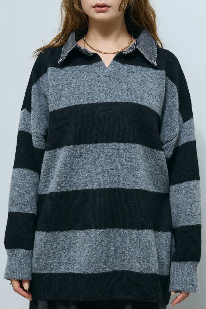 [予約/SET]デニムカラーラガーニットPO+ベルト付きリバースタックパンツ(2set)