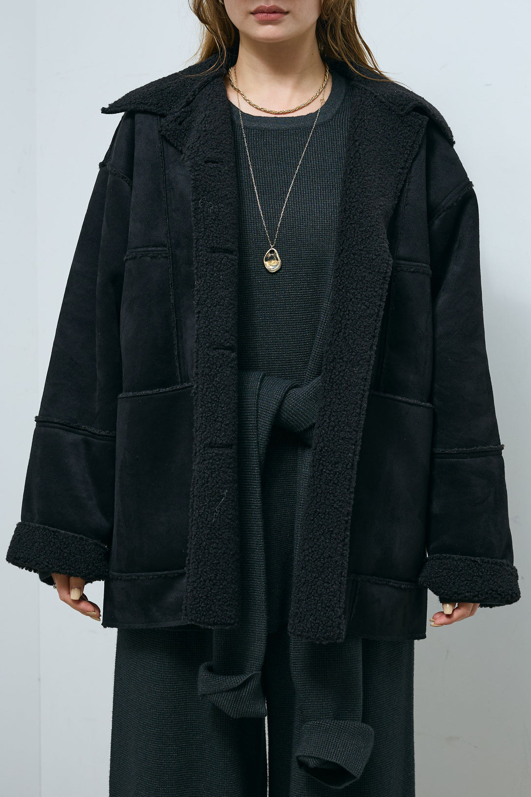 [予約/SET]ウエストレイヤードニットセットアップ+フェイクムートンカバーオール(2set)