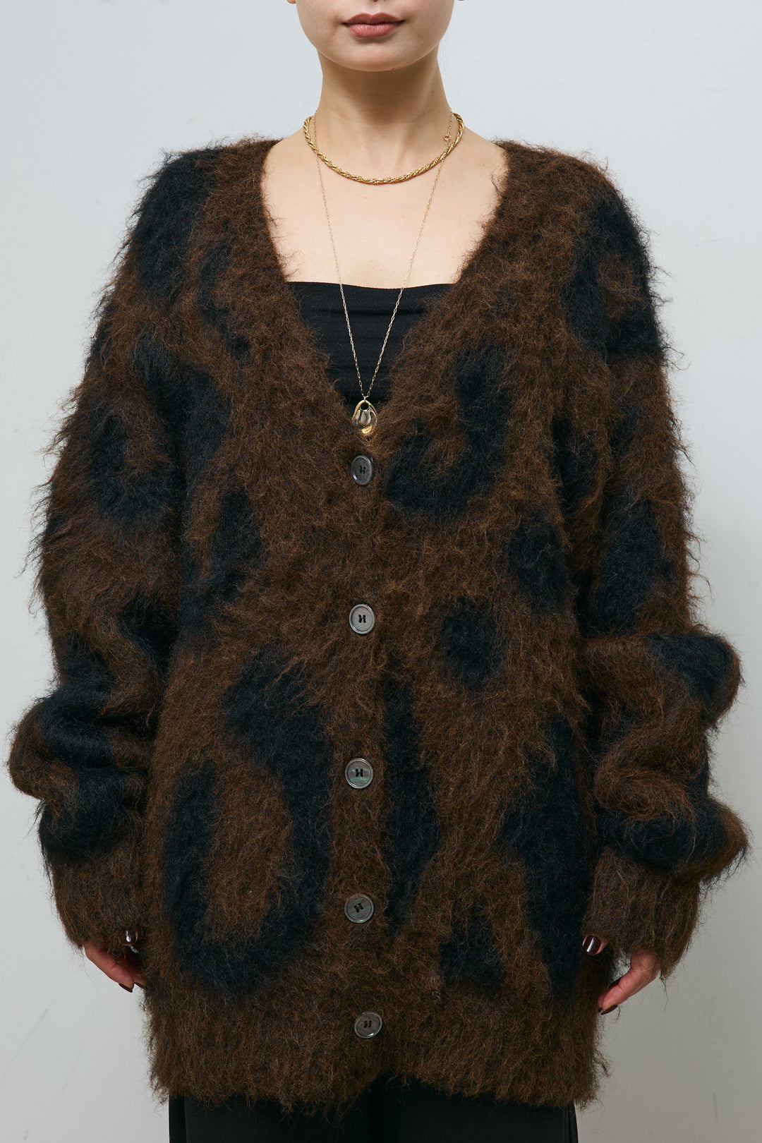 [予約/SET]ウールミックスシャギーレオパードカーデ+リブニットナロースカート(2set)