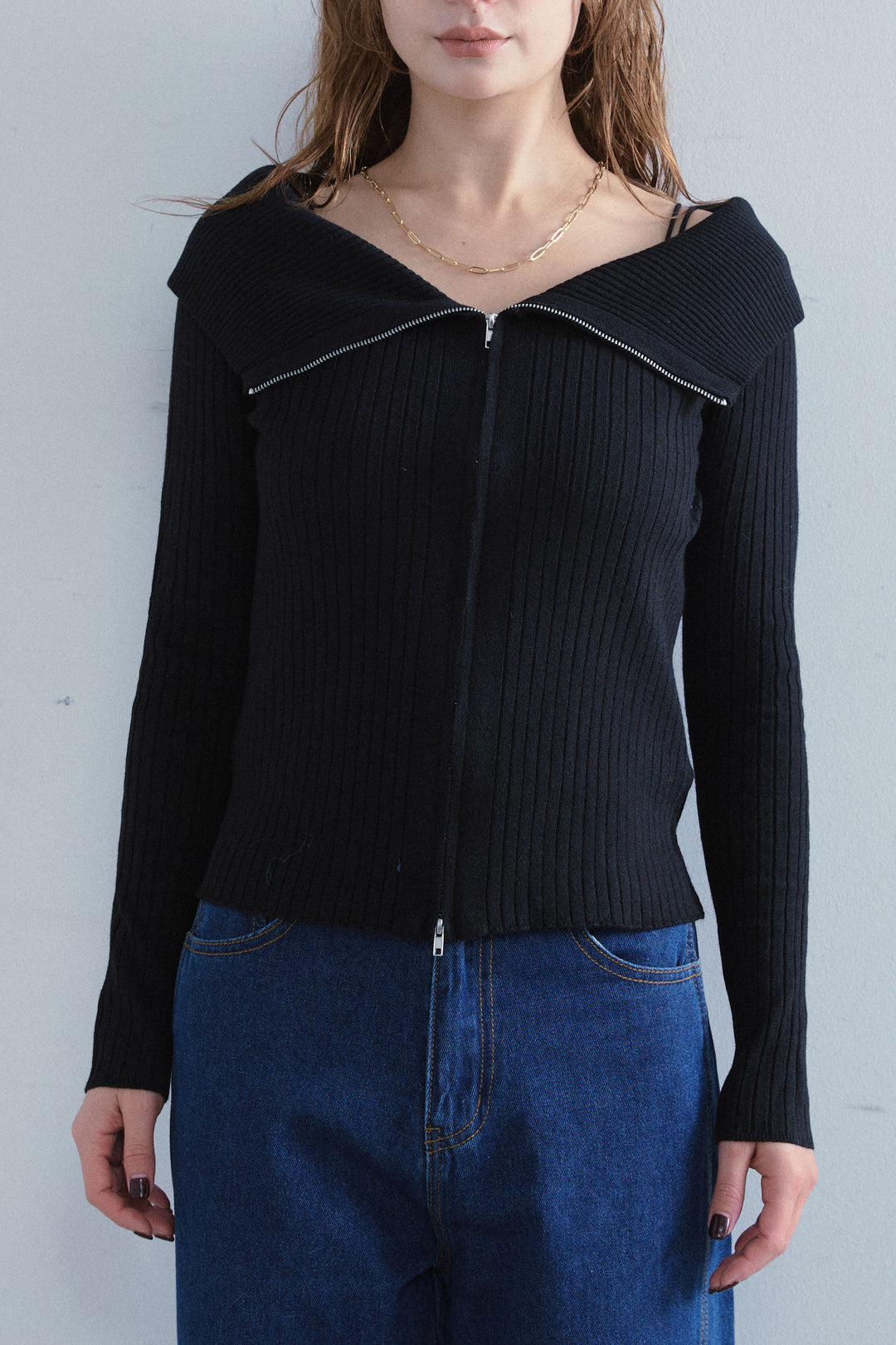 [予約/SET]ダブルジップオフショルリブニット+ハイウエストワイドサロペット(2set)