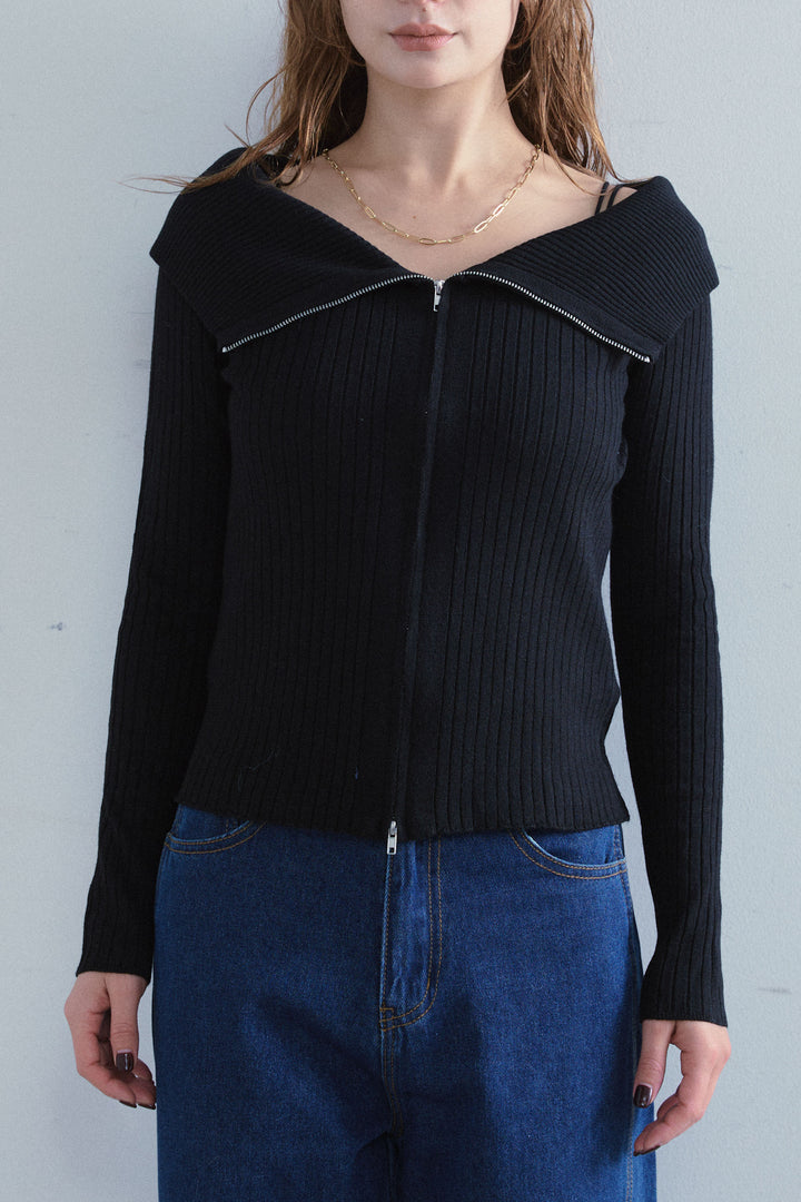 [予約/SET]ダブルジップオフショルリブニット+ハイウエストワイドサロペット(2set)