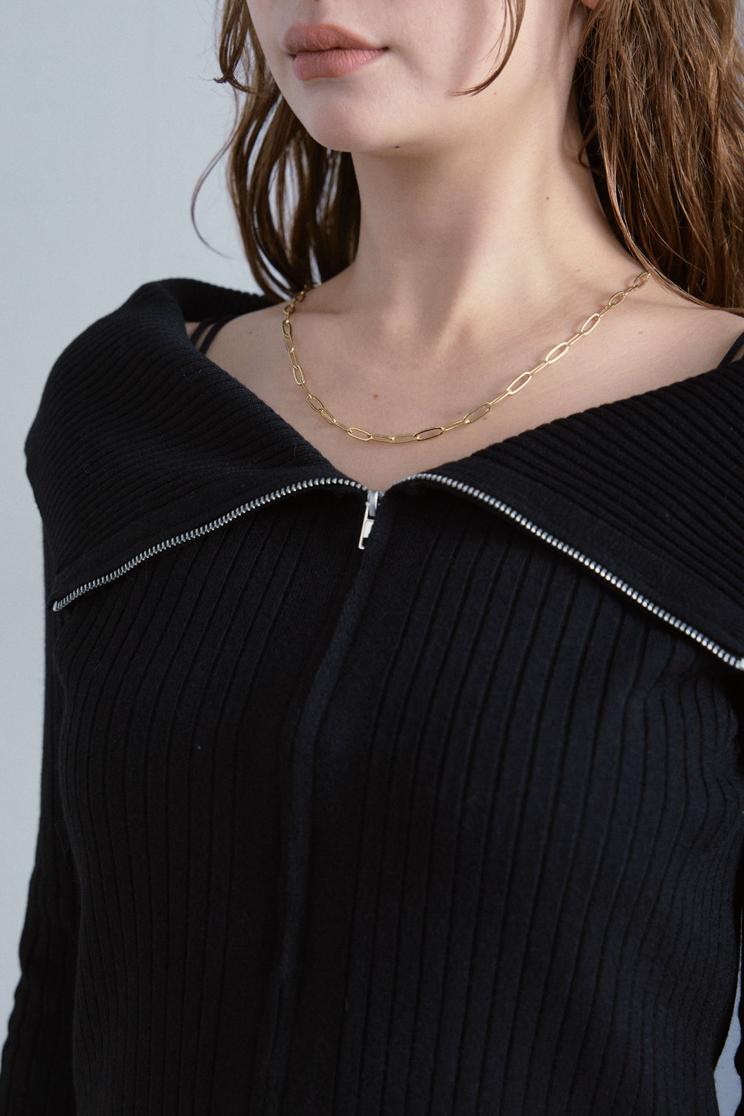 [予約/SET]ダブルジップオフショルリブニット+ハイウエストワイドサロペット(2set)