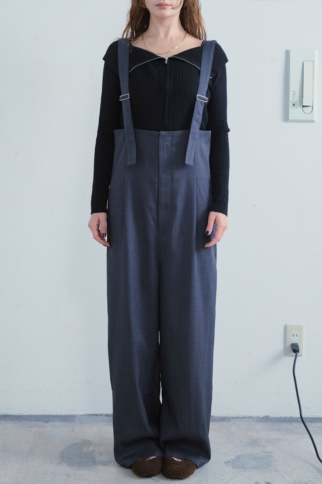 [予約/SET]ダブルジップオフショルリブニット+ハイウエストワイドサロペット(2set)