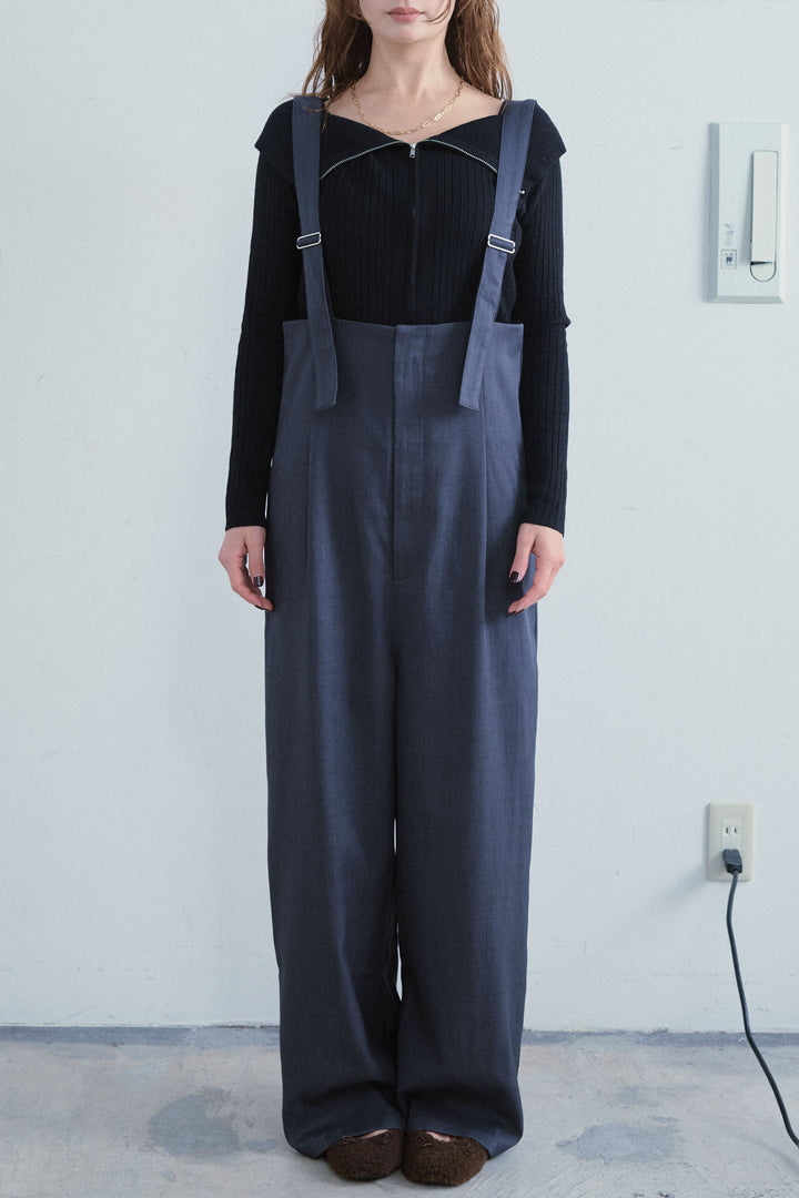 [予約/SET]ダブルジップオフショルリブニット+ハイウエストワイドサロペット(2set)