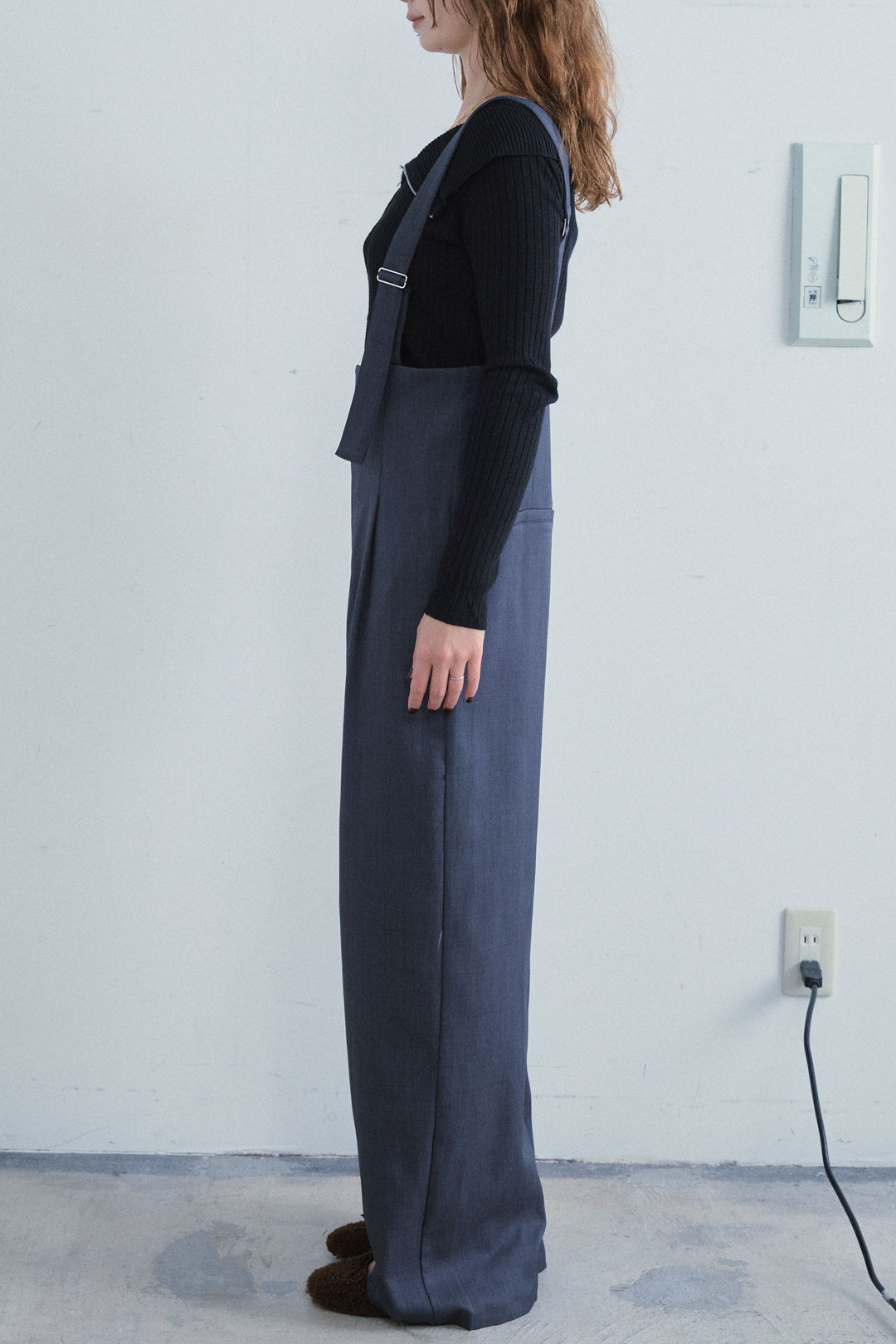 [予約/SET]ダブルジップオフショルリブニット+ハイウエストワイドサロペット(2set)