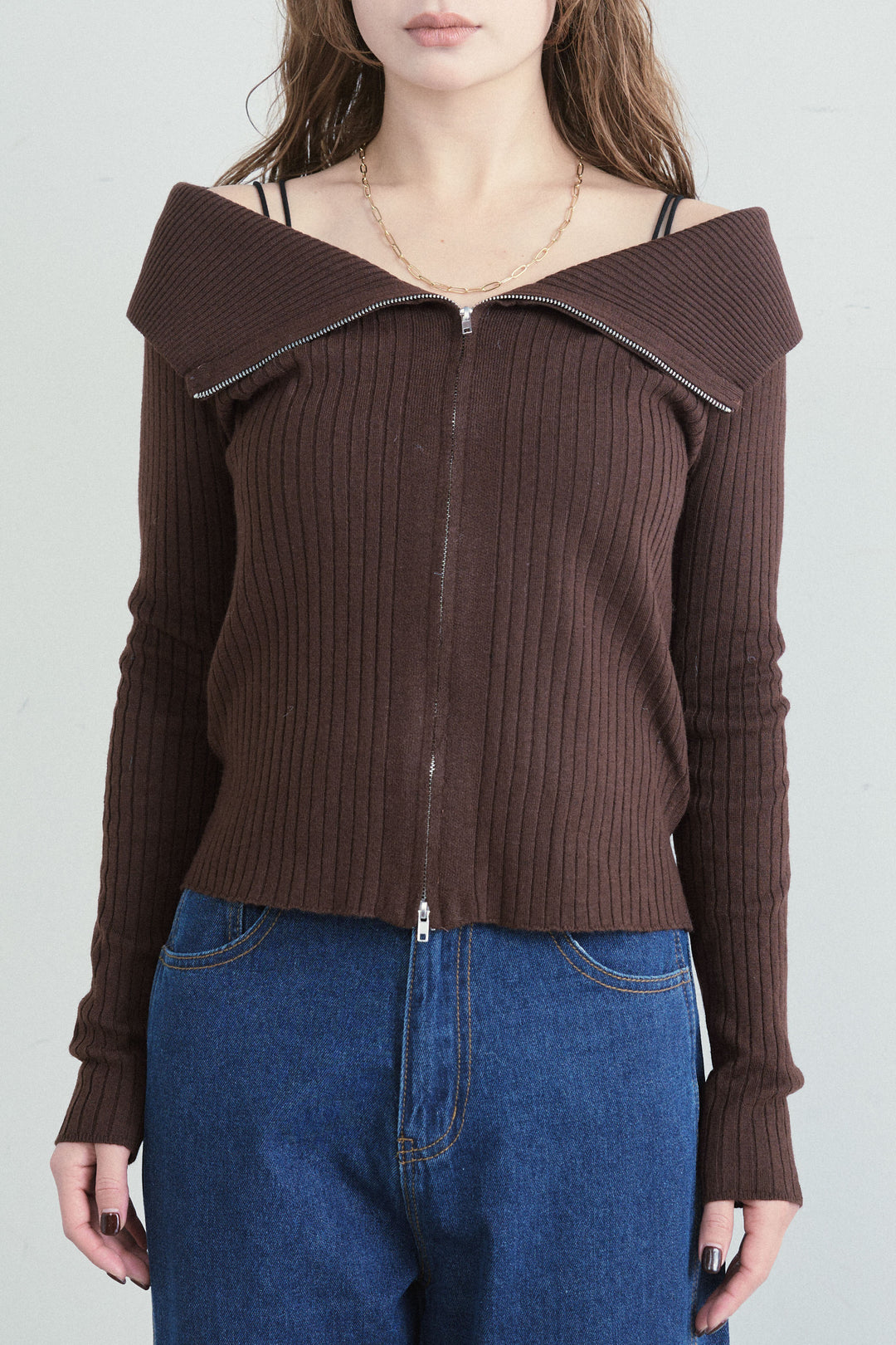 [予約]ダブルジップオフショルリブニット