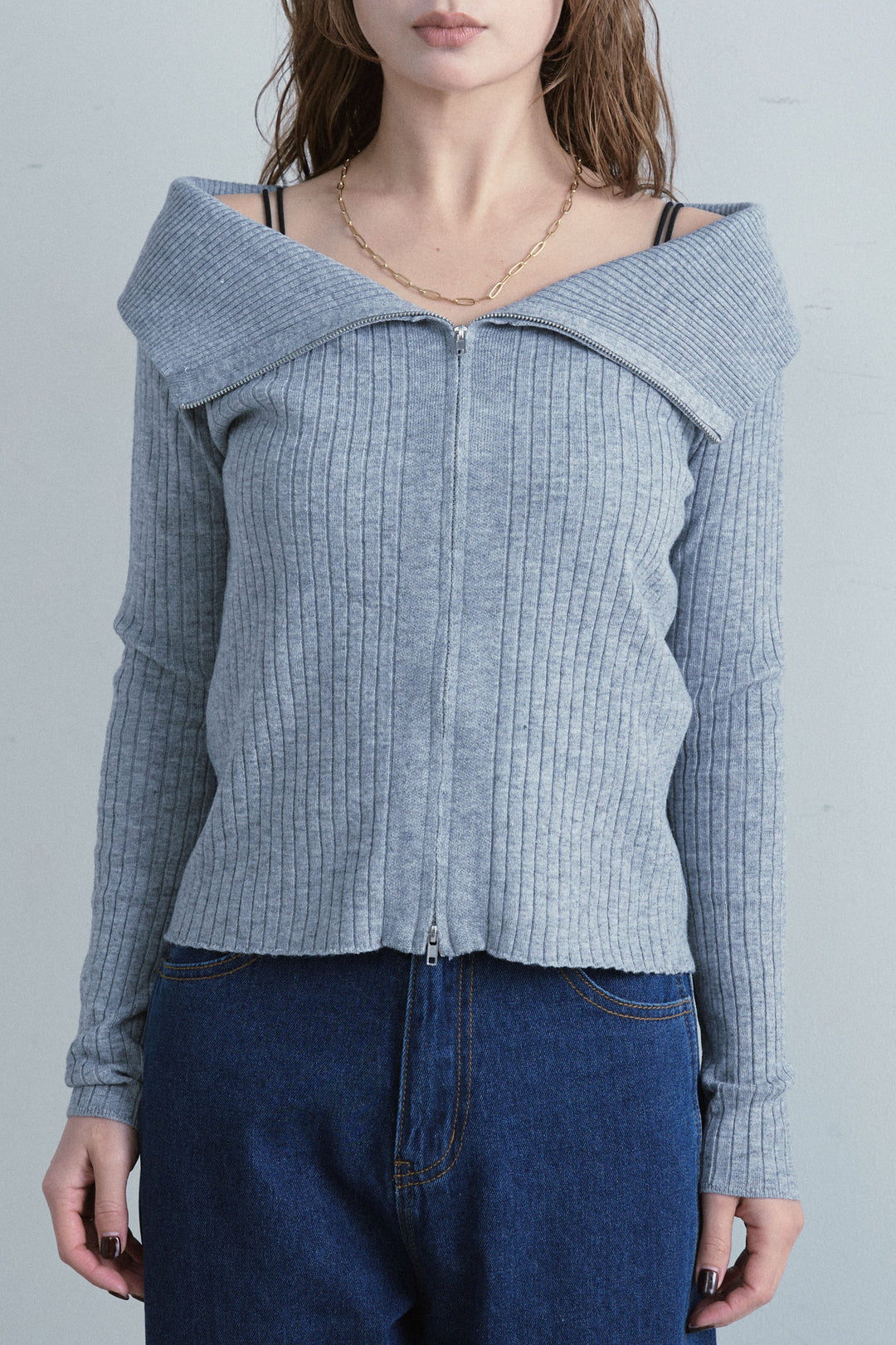 [予約]ダブルジップオフショルリブニット