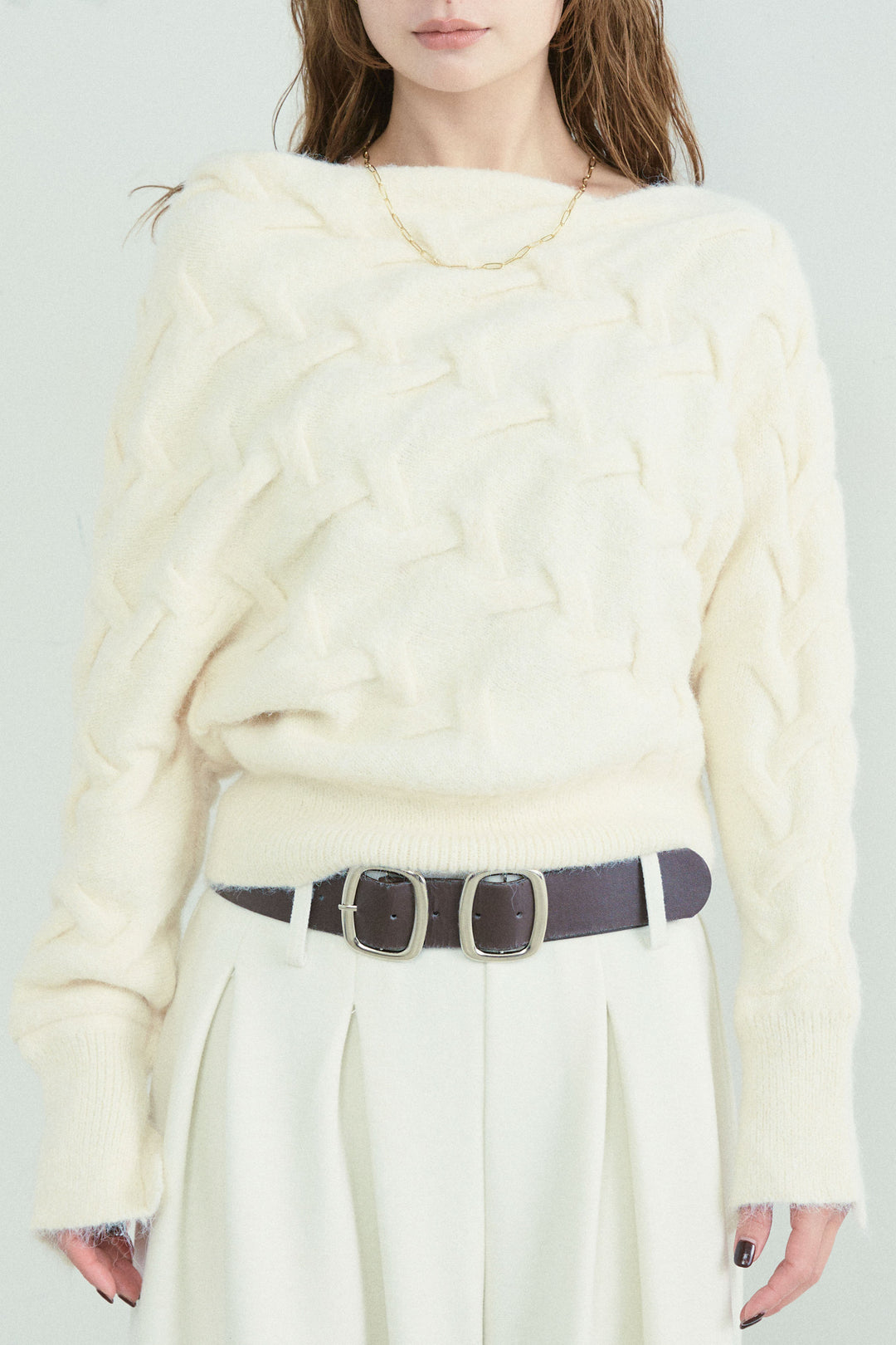 [予約]ケーブルワイドボートネックニット