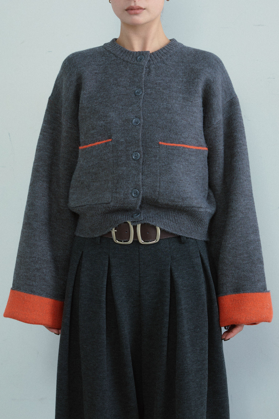 [予約/SET]アルパカタッチダブルフェイス配色カーデ+ベルト付きスゥイッチングタックパンツ(2set)